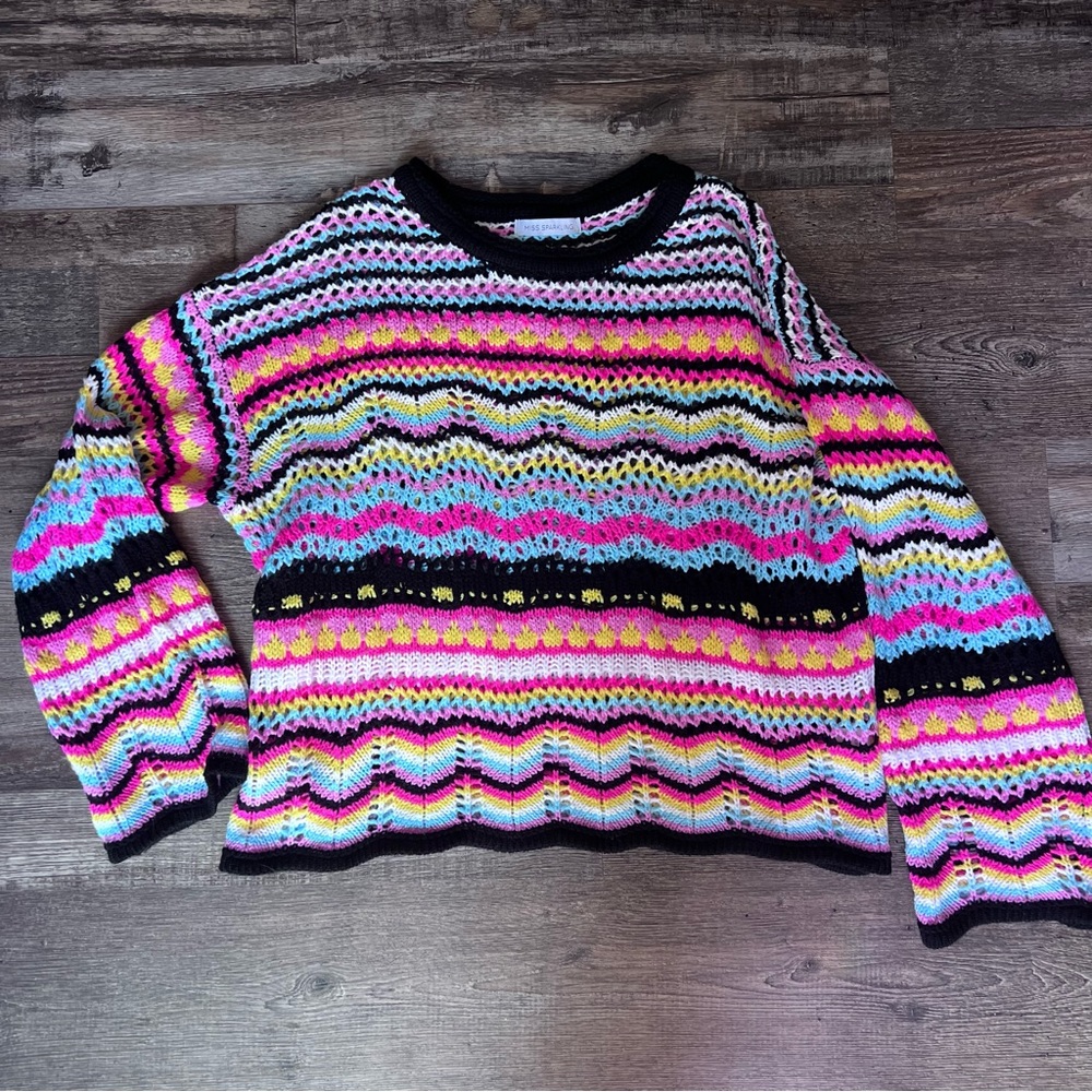 Miss Sparkling Crocheted Boxy Sweater - Multi Stripe